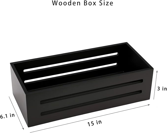 Bathroom Decor Box,Wooden Toilet Tank Topper Basket Tray,Back of Toilet Basket for Paper Storage Bathroom Counter Organizer (Black, Hollowed-Out 15*6.1*3in)