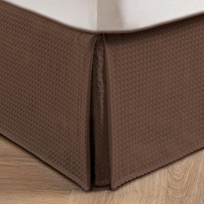 MIYE Pleated Waffle Weave Bed Skirt, Tailored Dust Ruffle 18 Inch Drop Easy Fit, Machine Washable (Brown, Queen - 18" Drop)