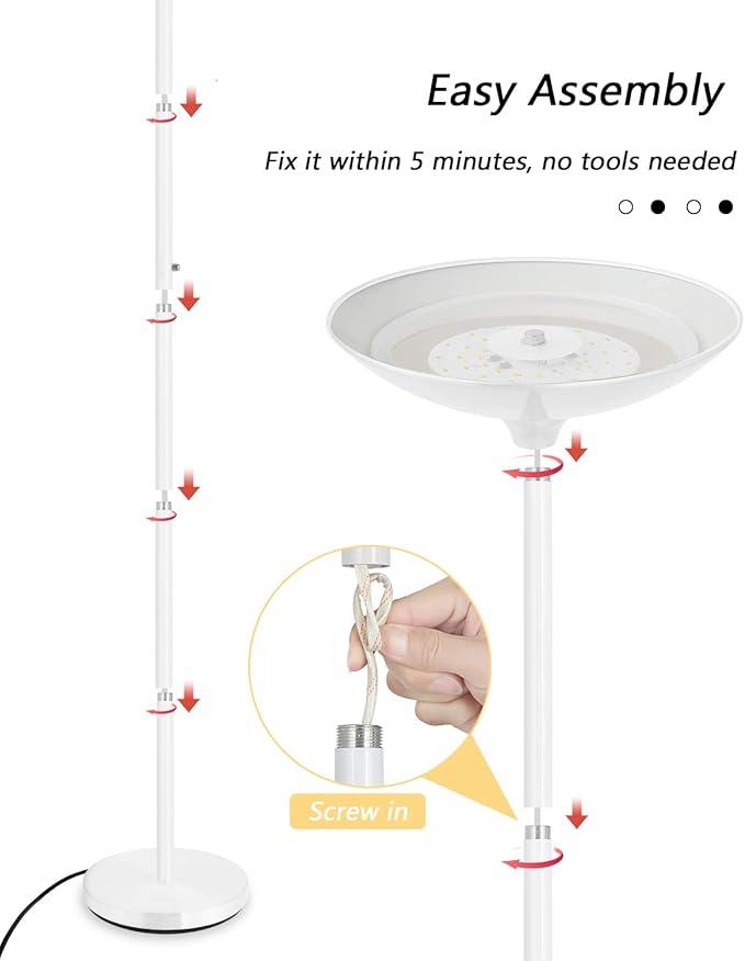 BoostArea Torchiere Floor Lamp, 30W Super Bright LED Standing Lamp, 3000K Stepless Dimmable Pole Lamp with Rotary Switch, 70 Inch Tall Metal Modern White Floor lamp for Living Room/Bedroom/Office/Den