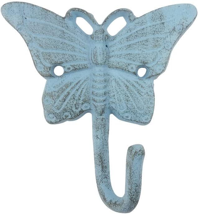 Handcrafted Nautical Decor Rustic Light Blue Cast Iron Butterfly Hook 6"