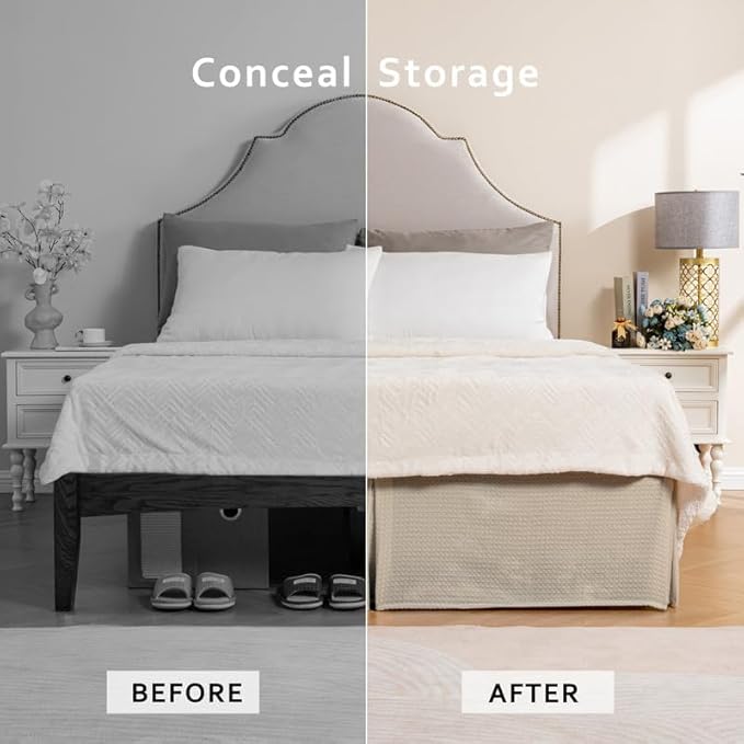 MIYE Pleated Waffle Weave Bed Skirt, Tailored Dust Ruffle 16 Inch Drop Easy Fit, Machine Washable,No Split Corners (Beige, Queen - 16" Drop)