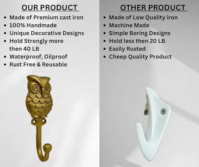 Set of 3 Cast Iron OWL Shape Coat Hooks Wall Art Decor-OWL Shape Hangers and Key Holder-Clothes Rack and Backpack Hanger-Coat Hooks Home Decor for Storage,Living Room (Gold)