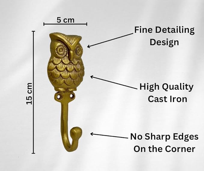 Set of 3 Cast Iron OWL Shape Coat Hooks Wall Art Decor-OWL Shape Hangers and Key Holder-Clothes Rack and Backpack Hanger-Coat Hooks Home Decor for Storage,Living Room (Gold)