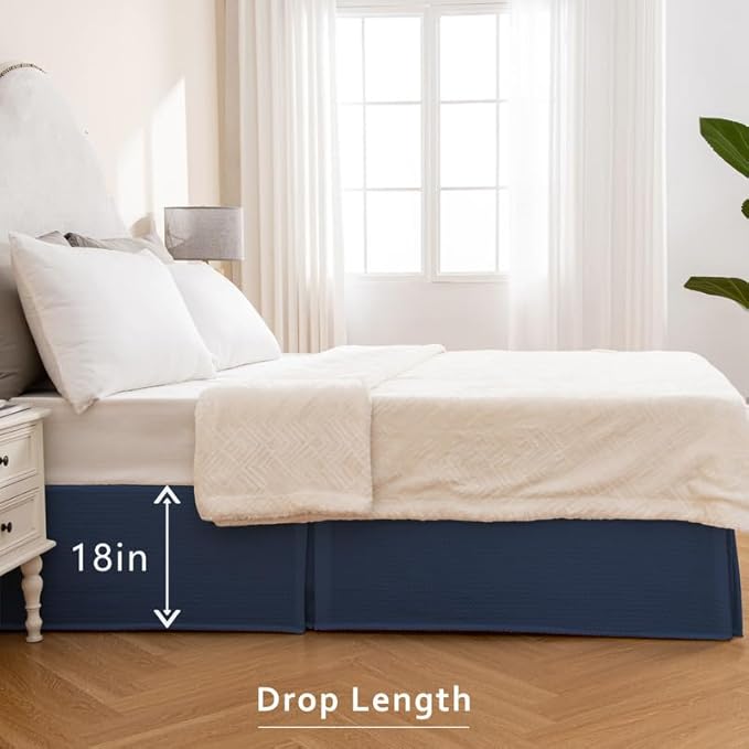 MIYE Pleated Waffle Weave Bed Skirt, Tailored Dust Ruffle 18 Inch Drop Easy Fit, Machine Washable (Navy Blue, Queen - 18" Drop)