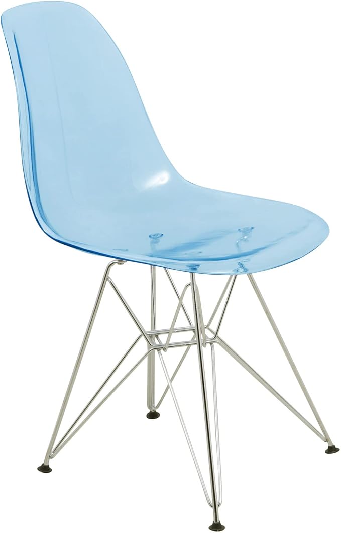 LeisureMod Cresco Mid Century Acrylic Dining Chair - Ergonomic & Lightweight Accent Side Chair with Curved Back & Chrome Eiffel Base for Home, Kitchen & Café, Transparent Blue