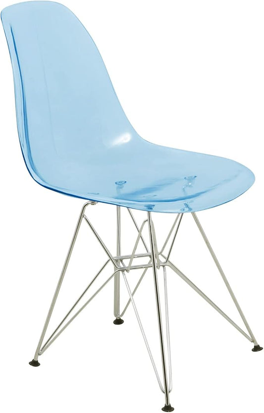 LeisureMod Cresco Mid Century Acrylic Dining Chair - Ergonomic & Lightweight Accent Side Chair with Curved Back & Chrome Eiffel Base for Home, Kitchen & Café, Transparent Blue