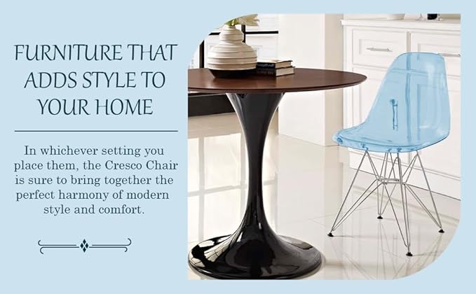 LeisureMod Cresco Mid Century Acrylic Dining Chair - Ergonomic & Lightweight Accent Side Chair with Curved Back & Chrome Eiffel Base for Home, Kitchen & Café, Transparent Blue
