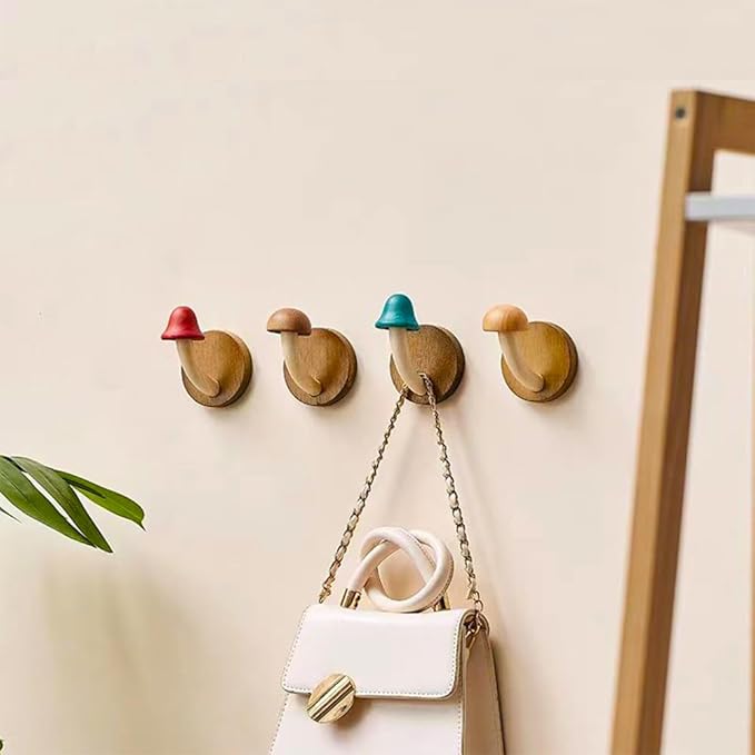 Wooden Mushroom Coat Hooks, Mushroom-Shaped Coat Hangers, Wall Mounted Towel Hanger, Solid Wood, Colorful, Set of Hooks with Screws (4 Hooks & 8 Screws)