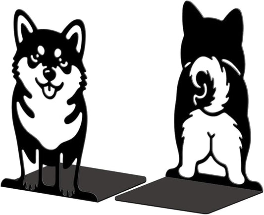 Peacoblue Metal Bookends for Shelves, Modern Decorative Heavy Duty Study Book Ends Stoppers for Office, Desk, Shelf, Room 5.3"x4.3"x7.9" Cast Iron Simple Tall Bookends 1 Pair (Cute Shiba Inu)