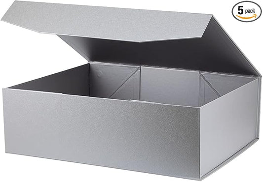 Upgrade 5Pcs Silver Grey Extra Large Gift Box with Lid,16.5 x13 x5 Inches, Hard Magnetic Gift Boxes for Presents Wedding Dress Box Storage,Reusable Foldable Bridesmaid Proposal Box