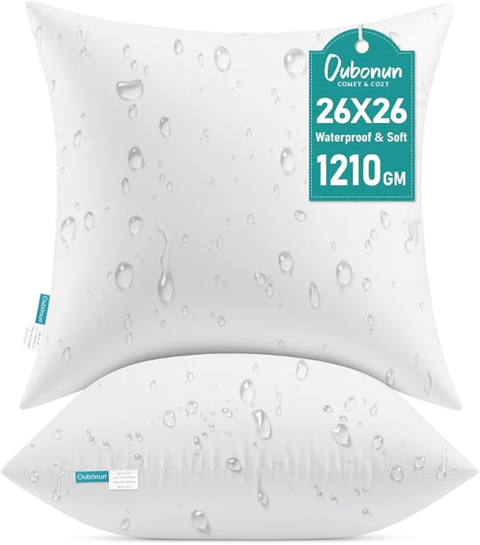 Oubonun 26x26 Waterproof Outdoor Pillow Inserts – Set of 2 Soft & Fluffy, Water Resistant Throw Pillows for Patio, Garden, Porch, or Indoor Decorative