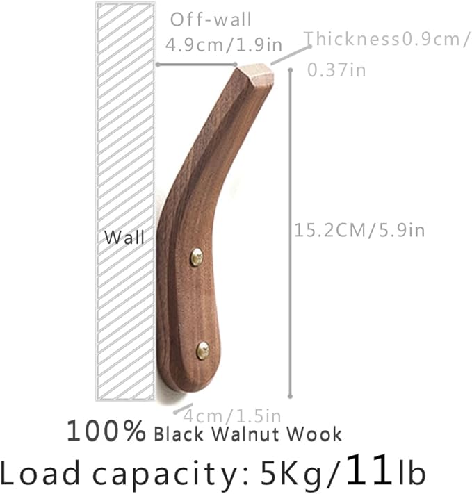 2 Pack Coat Hook Wood Hooks Wall Hanging, Minimalist Easy to Install Natural mid-Century Decorative Hooks for Hanging Bathroom Towels Clothes Hanger for Wall(Walnut Wood