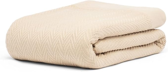 9Threads Queen Size Multipurpose Blanket, 100% Extra Long Staple Cotton, Soft & Breathable Herringbone Weave, Beige, Lightweight, Machine Washable, All-Season Throw Blanket for Bedroom & Travel