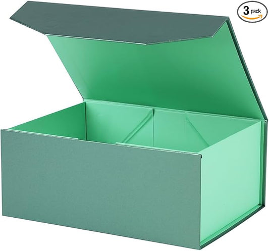 Upgrade 3PCS Green Gift Box 9.5x7x4 Inches, Sturdy Gift Box with Lid for Gift Packaging, Foldable Magnetic Closure Storage Boxes, Bridesmaid proposal box, Rectangle Collapsible Box
