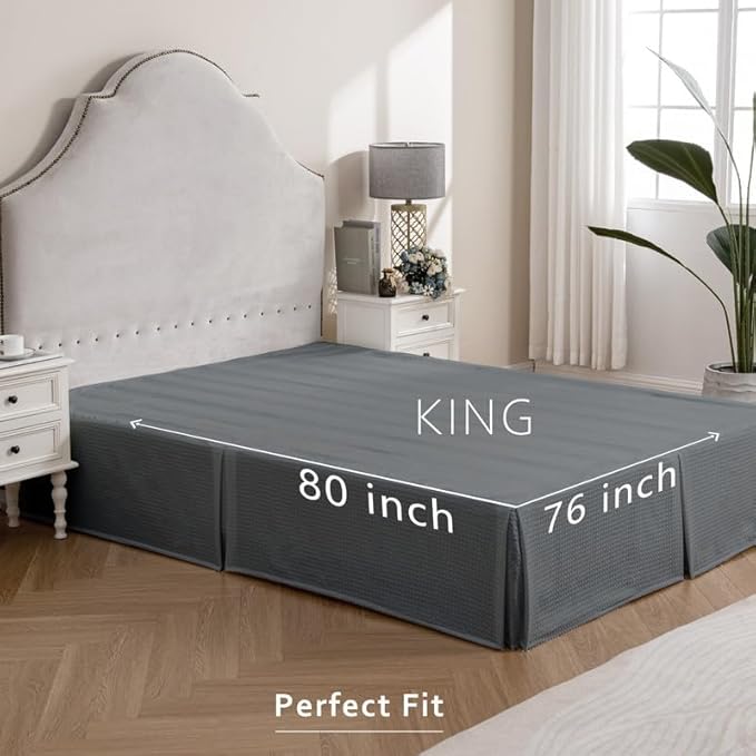 MIYE Pleated Waffle Weave Bed Skirt, Tailored Dust Ruffle 14 Inch Drop Easy Fit, Machine Washable (Dark Grey, King - 14" Drop)