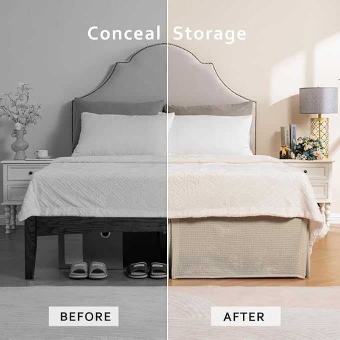 MIYE Pleated Waffle Weave Bed Skirt, Tailored Dust Ruffle 16 Inch Drop Easy Fit, Machine Washable,No Split Corners (Beige, Twin - 16" Drop)