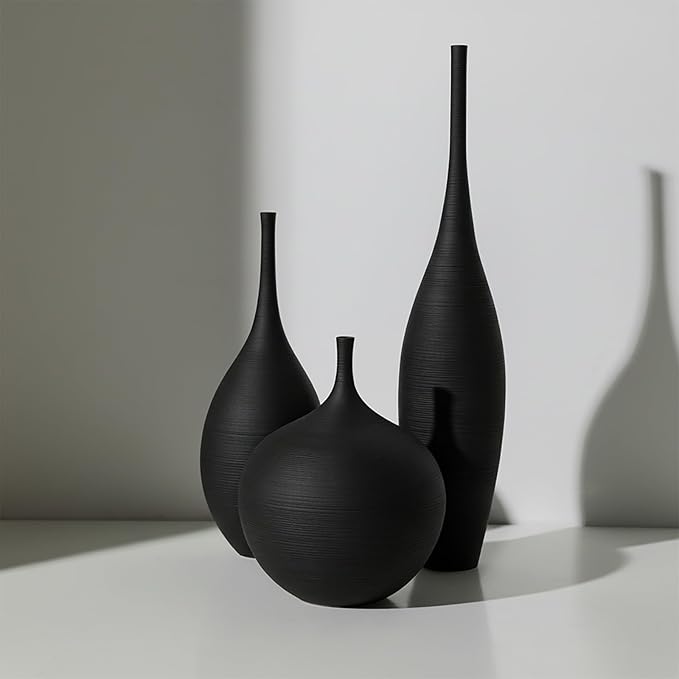 Black Ceramic Vases Set of 3, Modern Boho Vases for Centerpiece Decor, Matte Minimalist Decorative Vases for Home Decor, Living Room, Bookshelf, and Entryway Table Decor