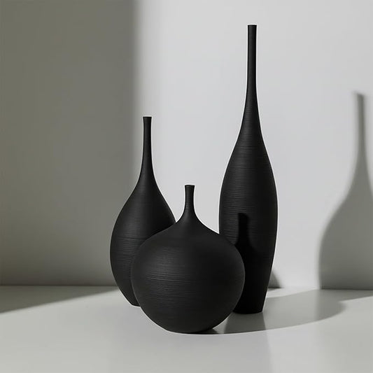 Black Ceramic Vases Set of 3, Modern Boho Vases for Centerpiece Decor, Matte Minimalist Decorative Vases for Home Decor, Living Room, Bookshelf, and Entryway Table Decor