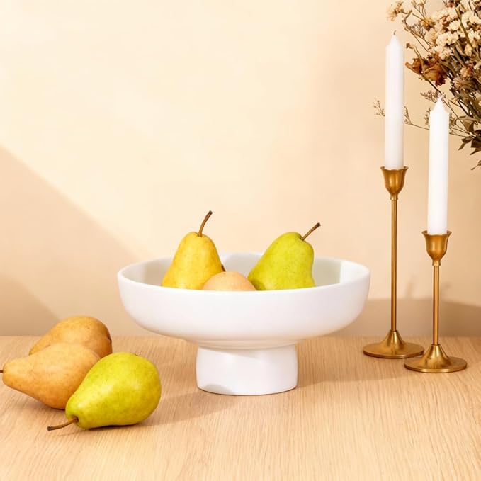 Matte White Pedestal Bowl, 9.85in Resin Decorative Centerpiece for Coffee Table, Dining Table & Entryway, Modern Fruit Bowl, Key Catchall for Home Decor