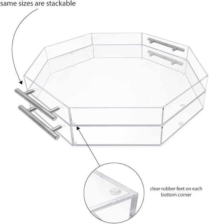 Isaac Jacobs Clear Octagon Acrylic Serving Tray (18x18) with Silver Metal Handles, Spill-Proof, Stackable Organizer, Food & Drinks Server, Lucite Storage (18x18 Octagon, Clear with Silver Handle)
