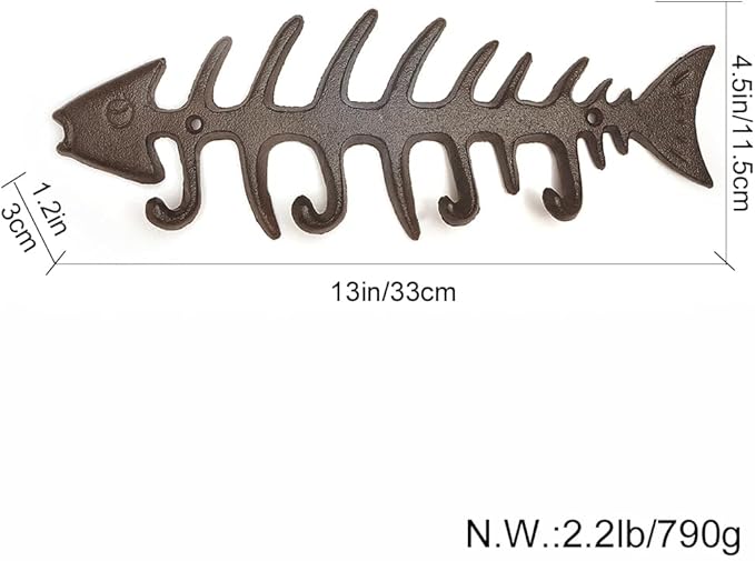 Cast Iron Decorative Fish Bone Wall Mounted Key Hooks Towel Rack Coat Hooks Holder Vintage Home & Wall Decor -with Screws - Brown