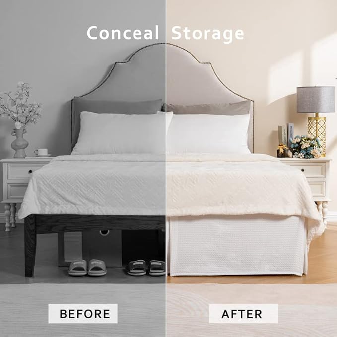 MIYE Pleated Waffle Weave Bed Skirt, Tailored Dust Ruffle 14 Inch Drop Easy Fit, Machine Washable,No Split Corners (White, Queen - 14" Drop)