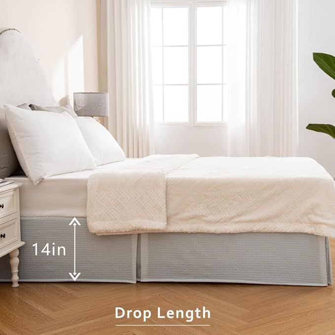 MIYE Pleated Waffle Weave Bed Skirt, Tailored Dust Ruffle 14 Inch Drop Easy Fit, Machine Washable (Light Grey, King - 14" Drop)