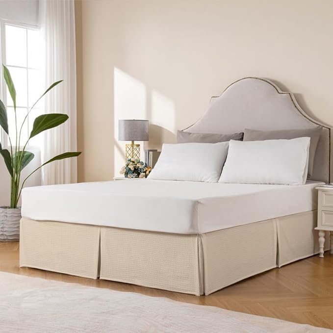 MIYE Pleated Waffle Weave Bed Skirt, Tailored Dust Ruffle 16 Inch Drop Easy Fit, Machine Washable,No Split Corners (Beige, Twin - 16" Drop)
