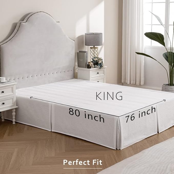 MIYE Pleated Waffle Weave Bed Skirt, Tailored Dust Ruffle 14 Inch Drop Easy Fit, Machine Washable (White, King - 14" Drop)