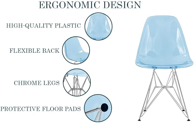 LeisureMod Cresco Mid Century Acrylic Dining Chair - Ergonomic & Lightweight Accent Side Chair with Curved Back & Chrome Eiffel Base for Home, Kitchen & Café, Transparent Blue