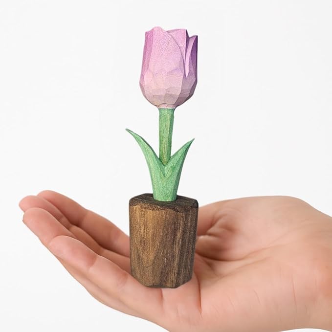 Handcrafted Wooden Tulip Figurine – Elegant Basswood Carved Sculpture, Unique Gift with Premium Gift Box, Ideal for Mother’s Day, Anniversary, Birthday, Home Office Décor (Purple)