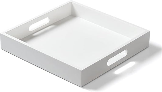White Wooden Serving Tray with Handles, 12"x12"x2"H Square Countertop Organizer Tray， Decorative Cosmetics Trays for Kitchen, Bathroom, Sturdy Food Trays for Breakfast, Tea