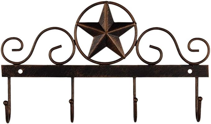 Metal Barn Star Key Rack Holder Wall Mounted Metal Decorative 10" Vintage Key with 4 Hooks Dark Brown Western Home Wall Decor