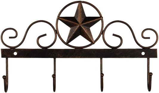 Metal Barn Star Key Rack Holder Wall Mounted Metal Decorative 10" Vintage Key with 4 Hooks Dark Brown Western Home Wall Decor