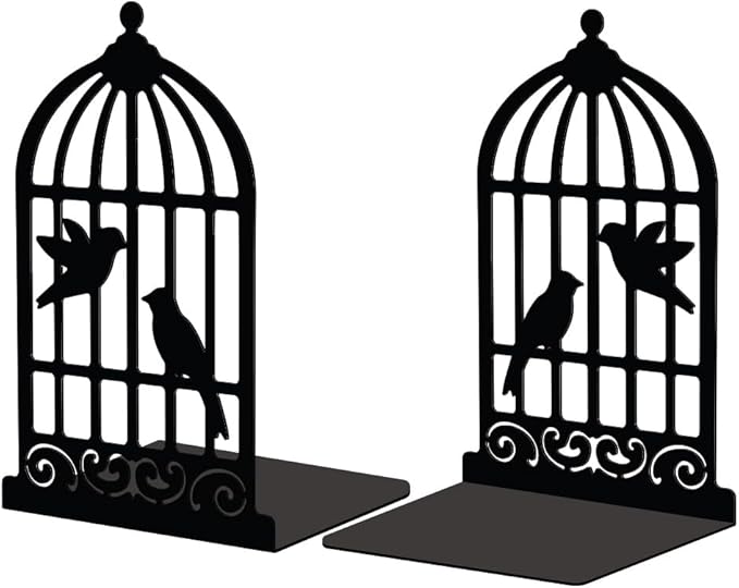 Peacoblue Metal Bookends for Shelves, Modern Decorative Heavy Duty Study Book Support Stoppers for Office, Desk, Shelf, Room 5.3"x4.3"x7.9" Cast Iron Simple Tall Bookends, 1 Pair (Birdcage and Bird)
