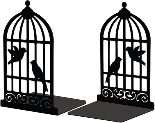 Peacoblue Metal Bookends for Shelves, Modern Decorative Heavy Duty Study Book Support Stoppers for Office, Desk, Shelf, Room 5.3"x4.3"x7.9" Cast Iron Simple Tall Bookends, 1 Pair (Birdcage and Bird)