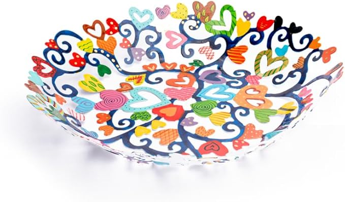 EMANUEL Yair Decorative Metal Fruit Bowl | Vibrant Hand Painted Bowl | Hangable Centerpiece Bowl for Home Decor and Gifting | Judaica Art (14 inch, Hearts)