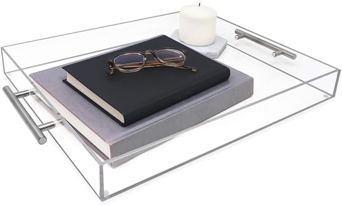 Isaac Jacobs Clear Acrylic Serving Tray (16x20) with Silver Metal Handles, Spill-Proof, Stackable Organizer, Food & Drinks Server, Indoors/Outdoors, Lucite Storage (16x20, Clear with Silver Handle)