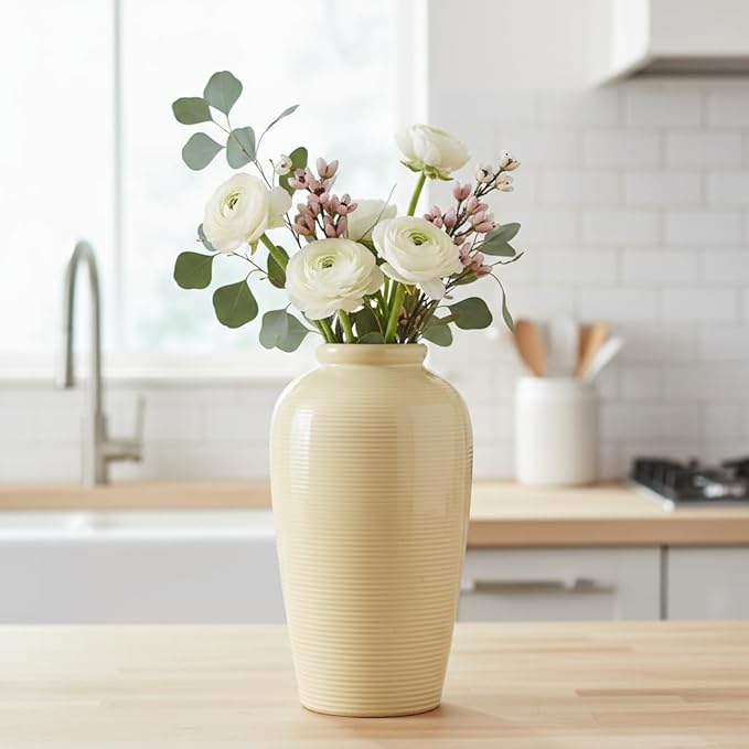 Beige Ceramic Vase for Home Decor - 11 Inch Tall Boho Vases for Flower Modern Textured Vase for Centerpieces, Pampas Grass, Living Room, Kitchen Island Decor, Fireplace, Entryway Decorations