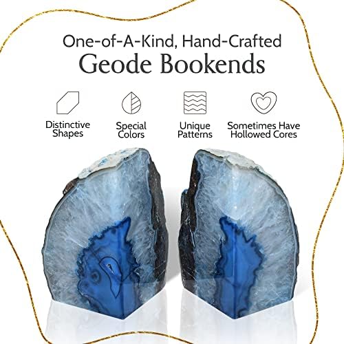 Nature's Decorations Agate Bookends - A Quality Blue Geode with Non-Skid Rubber Bumpers for Shelves, Office, Home Decor - Heavy Duty Cool Crystal Stone (2-3 LB)
