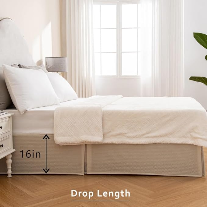 MIYE Pleated Waffle Weave Bed Skirt, Tailored Dust Ruffle 16 Inch Drop Easy Fit, Machine Washable,No Split Corners (Beige, Twin - 16" Drop)
