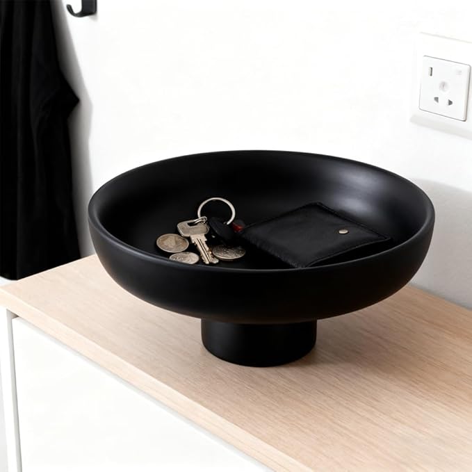 Matte Black Pedestal Bowl, Black Decorative Bowl Centerpiece for Coffee Table, Dining Table & Entryway, Modern Fruit Bowl, Black Key Bowl, Pedestal Bowl for Decorative Fruit