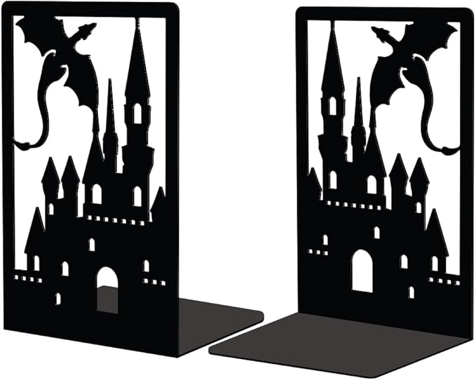 Peacoblue Metal Bookends for Shelves Room Decorative, Creative Heavy Duty Study Bookends Stoppers Holder Stand for Desk Shelf 4.7"x3.5"x7" Book Ends to Support Books, 1 Pair(Dragon Castle)