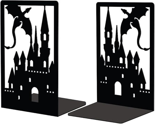 Peacoblue Metal Bookends for Shelves Room Decorative, Creative Heavy Duty Study Bookends Stoppers Holder Stand for Desk Shelf 4.7"x3.5"x7" Book Ends to Support Books, 1 Pair(Dragon Castle)