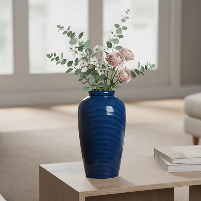 Blue Ceramic Vases Home Decor - 11 Inch Tall Farmhouse Vases for Flowers, Modern Textured Vase for Centerpieces, Living Room, Kitchen Island Decor, Fireplace, Entryway Decorations