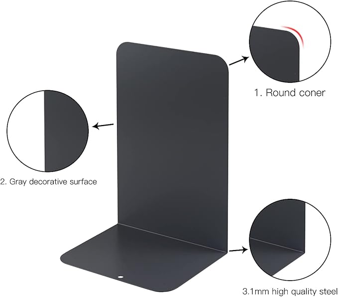 MSDADA Black Metal Bookends (8pcs, 4 pairs) for Book Shelves, Office, Heavy Books, Modern Minimalist Style