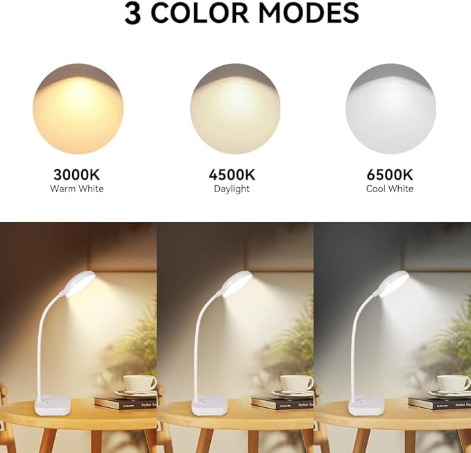 Battery Desk Lamp Light,Black,Cordless desk lamp rechargeable,Small gooseneck lamp for desk,400LM LED Light,3 Colors (White/Warm White/Warm),Adjustable brightness,360° Hose,20 LED for Bedroom&Reading
