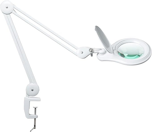 Bemelux LED Magnifying Lamp with Clamp, 5 Inch Magnifier Glass Lens, Metal Swing Arm Dimming 1200 Lumens Lighted Magnifying Desk Lamp for Crafts, Bright 60PCS LEDs - 2.25X Magnification(White)
