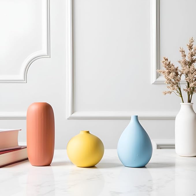 Small Multi Color Ceramic Vase Set 3 for Modern Home Table Decor, Living Room, Tabletop, Bedroom, Shelf, Office Bookshelf, Entryway, Coffee Table Mantel, Rustic Farmhouse Decorative Vases
