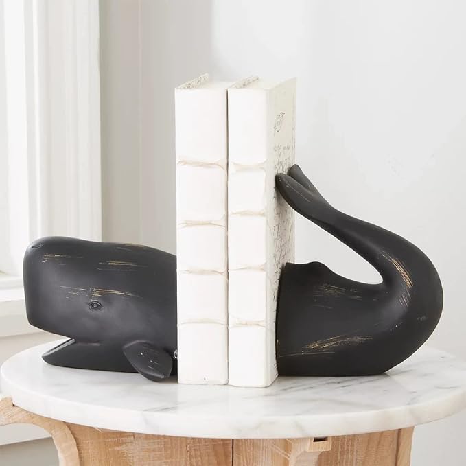 Comfy Hour Nautical Whale Decorative Bookends, Unique Under The Sea Ocean Resin Book Ends for Shelves, Heavy Duty Coastal Book Stopper for Books, Black, 1 Pair
